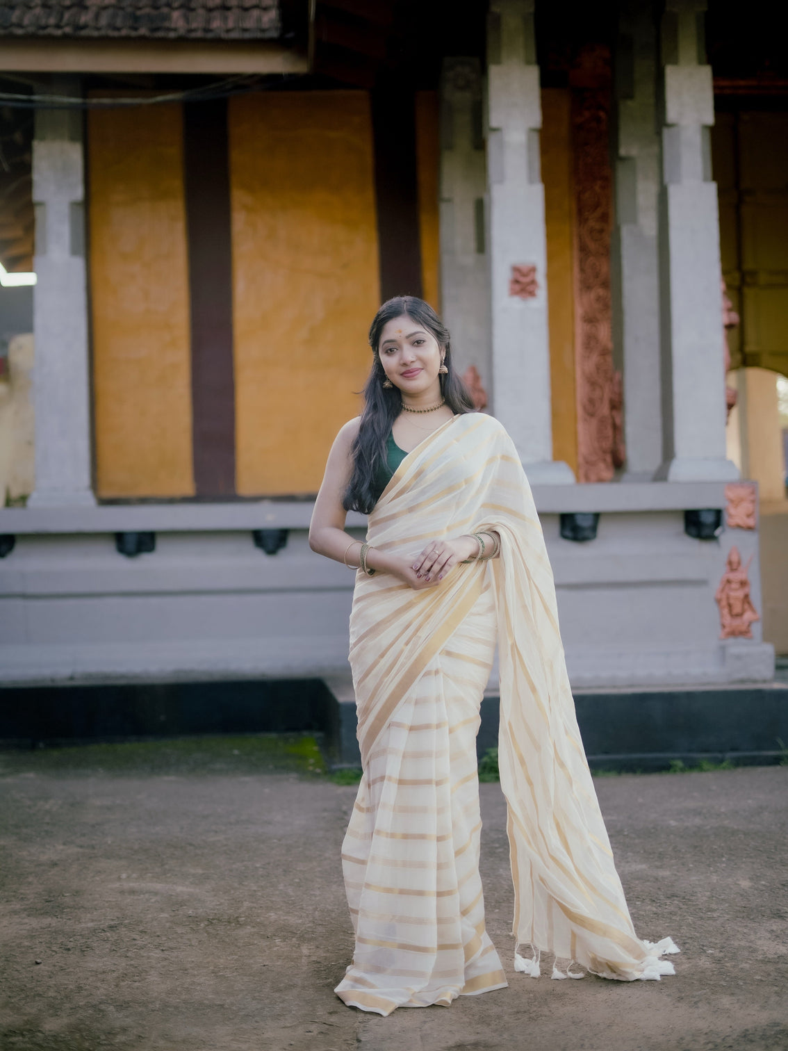 Ivory gold stripe kerala tissue saree traditional kasavu style elegant festive wear mameraa