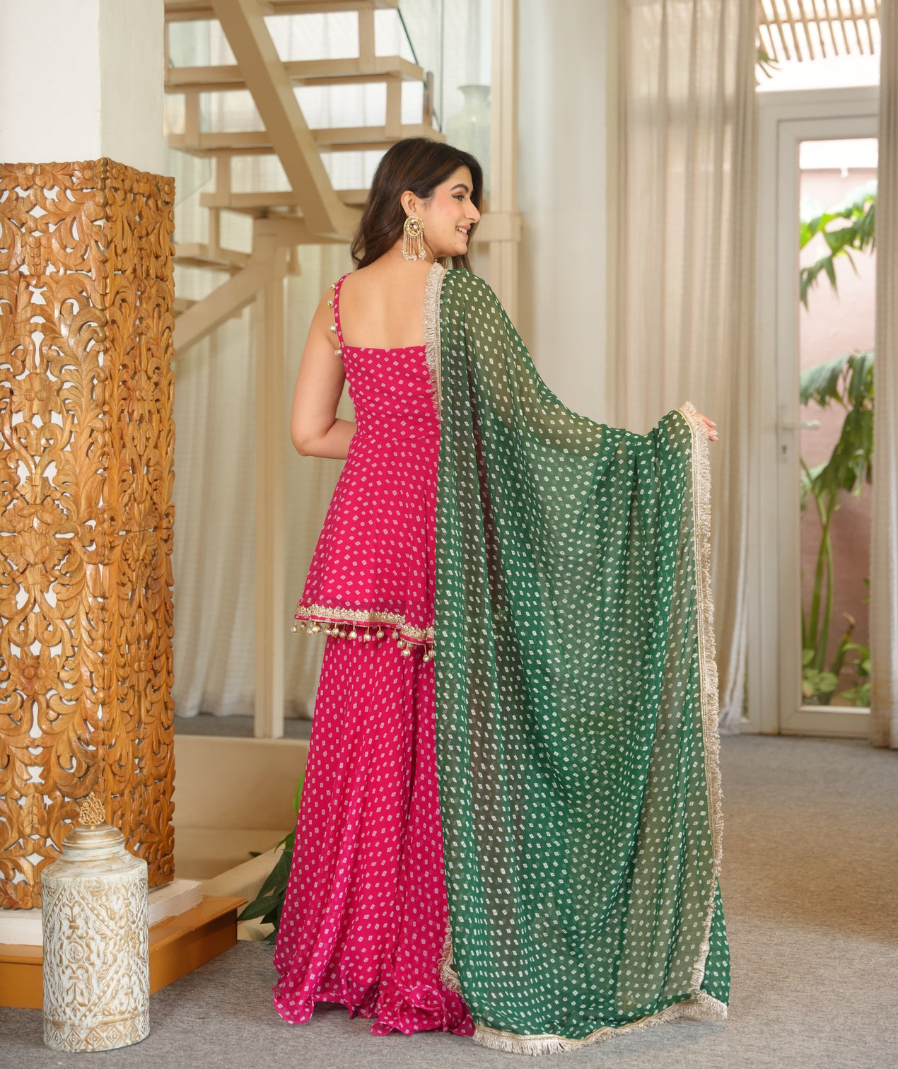 Pink georgette kurta sharara set with embroidered lace latkan detailing