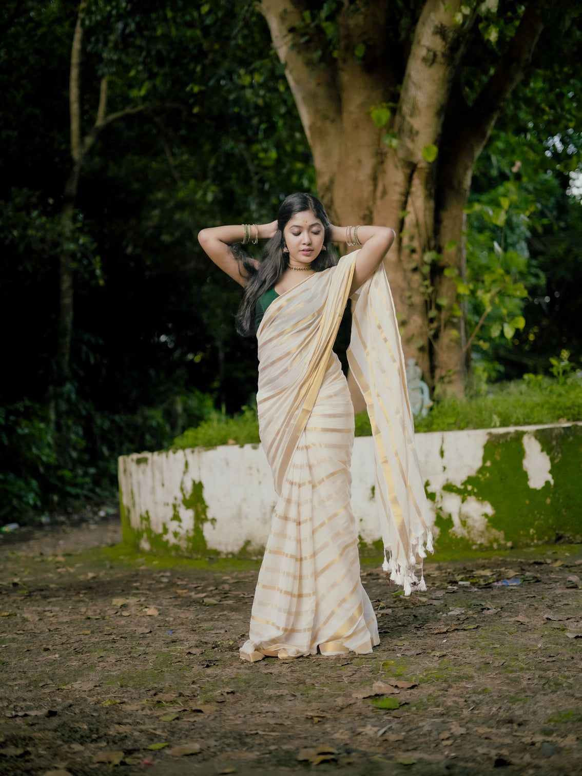 Ivory gold stripe kerala tissue saree traditional kasavu style elegant festive wear