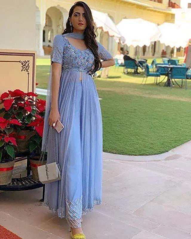 Impressive Designer Embroidered and Handwork Front Cut Designer Wear Outfit Along with Palazzo and Dupatta