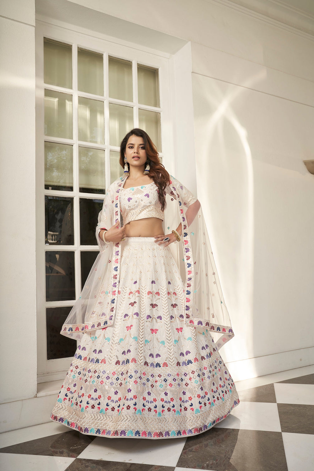 Impressive White Thread Embroidered Silk Party Wear Lehenga Choli