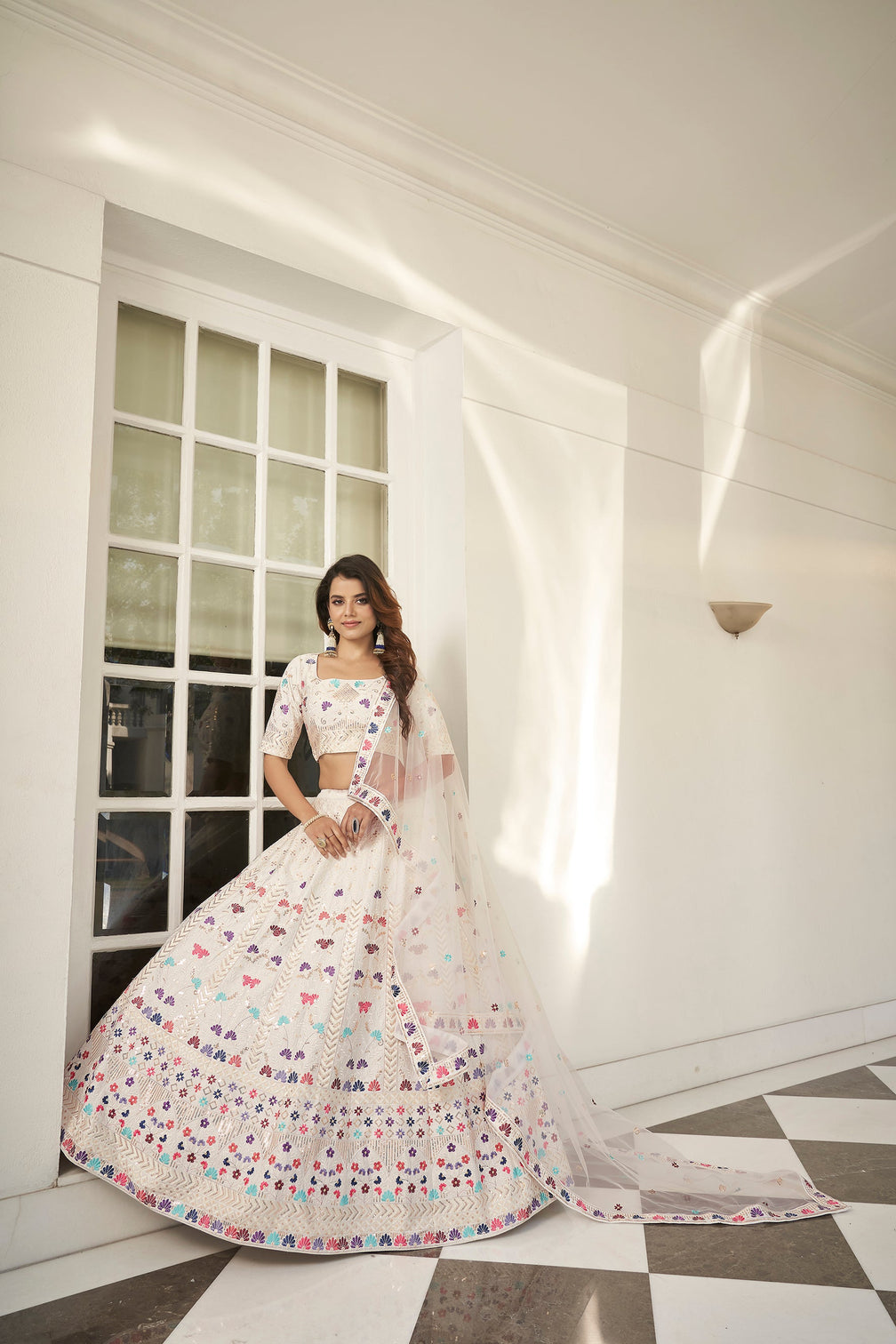 Impressive White Thread Embroidered Silk Party Wear Lehenga Choli
