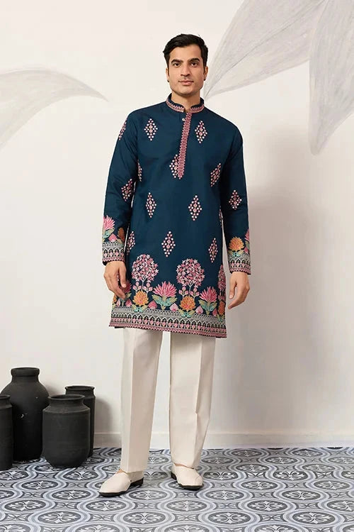 Indian Wedding Style Exclusive Teal Blue Kurta for Mens