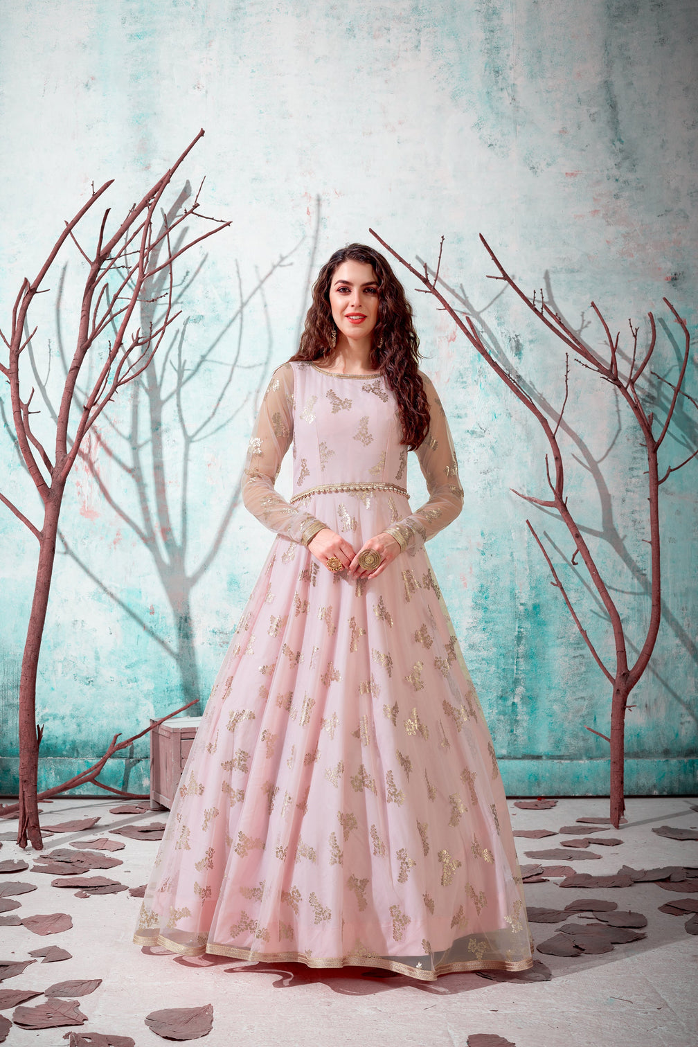 Indian Anarkali Long Gown With Metalic Foil Work And Bridal, Wedding, Party And Engagement Ceremony Wearing Gown For Women