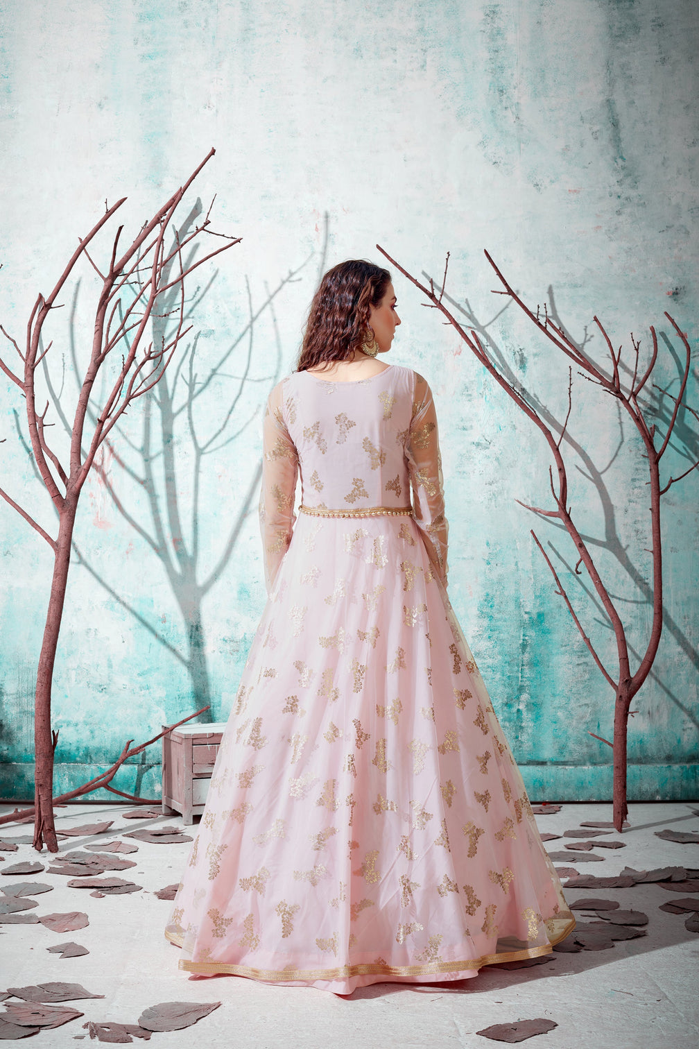 Indian Anarkali Long Gown With Metalic Foil Work And Bridal, Wedding, Party And Engagement Ceremony Wearing Gown For Women