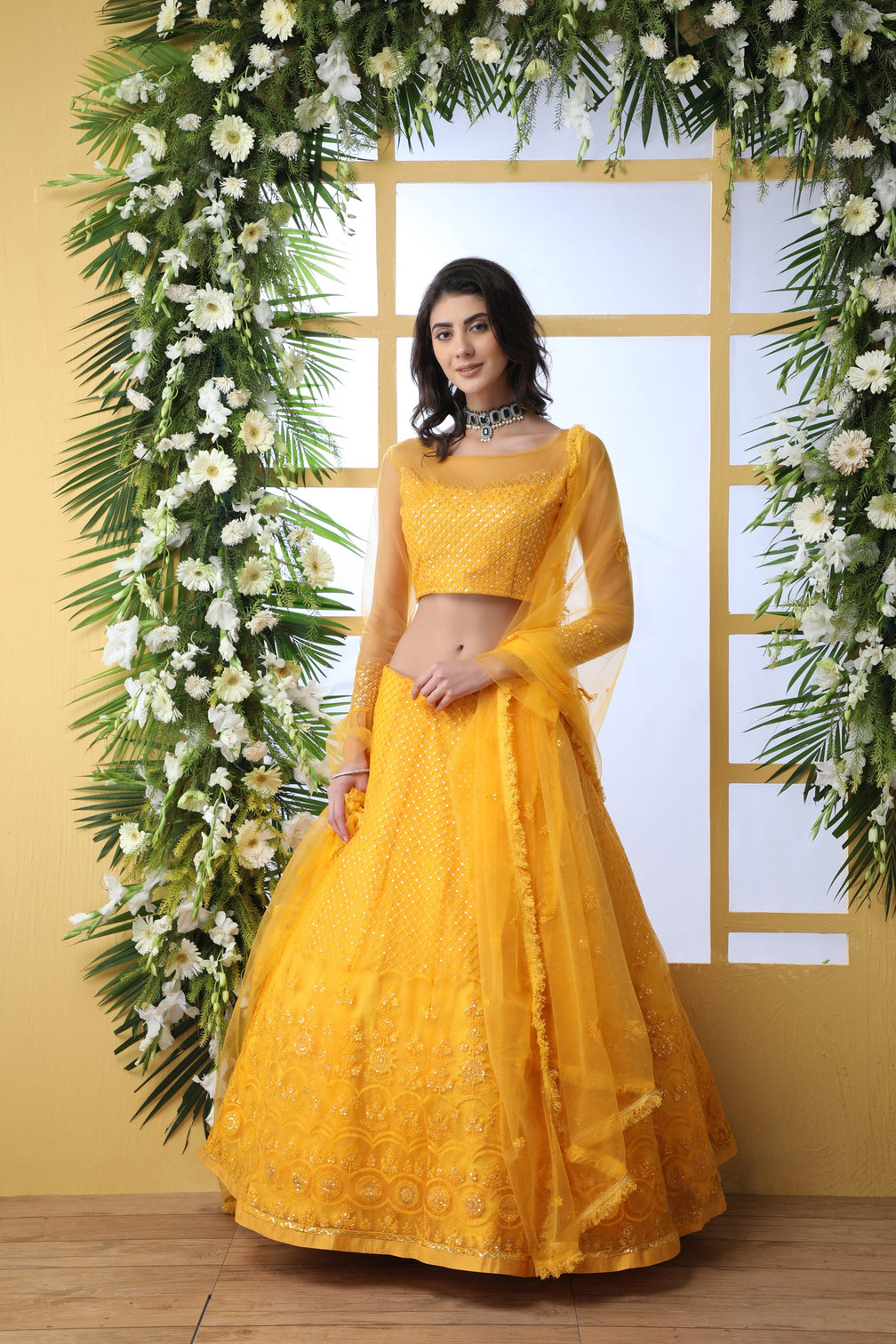 Indian Bridal Mustard Yellow Lehenga Choli With Thread Embroidered Work And Stone Pasting, Soft Net For Women And Girls, Wedding & party Wears Lehenga