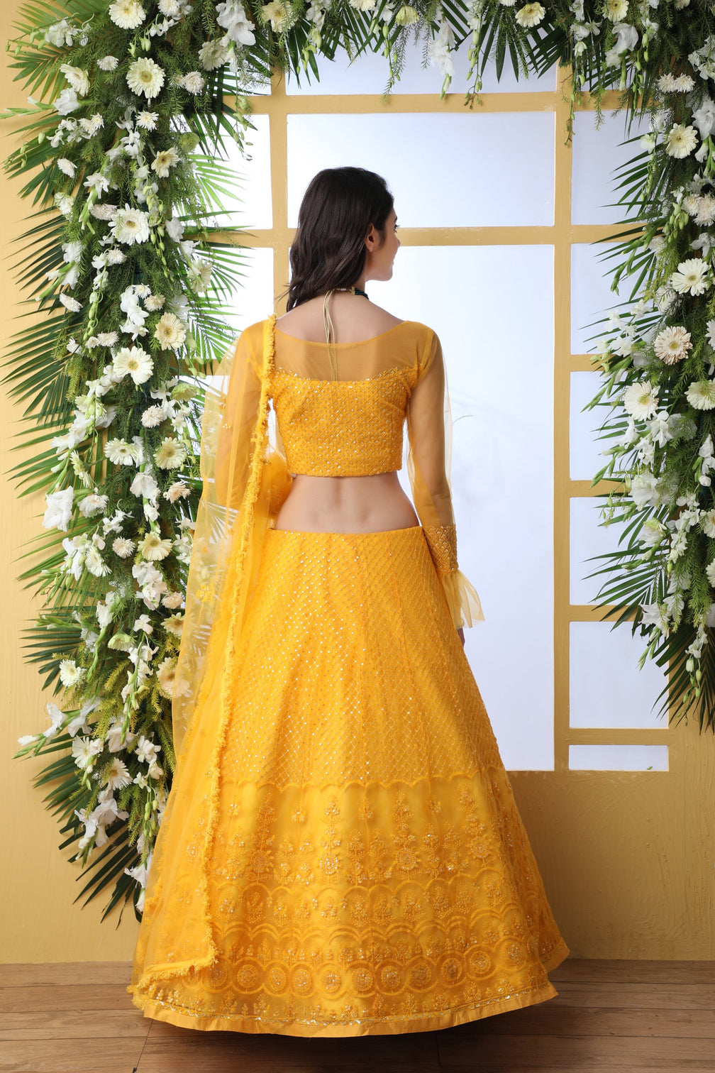 Indian Bridal Mustard Yellow Lehenga Choli With Thread Embroidered Work And Stone Pasting, Soft Net For Women And Girls, Wedding & party Wears Lehenga