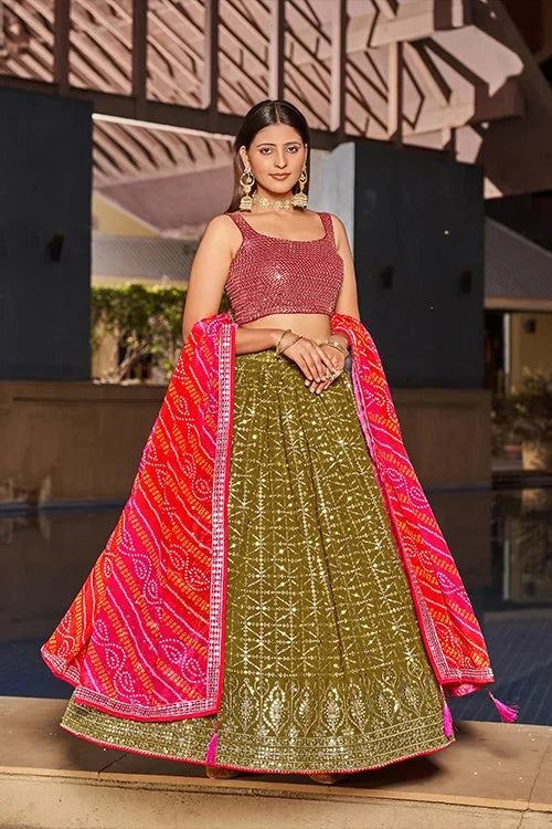 Indian Collection For Bridal Wear Lehenga Choli With Dupatta  Olive-Pink Colour