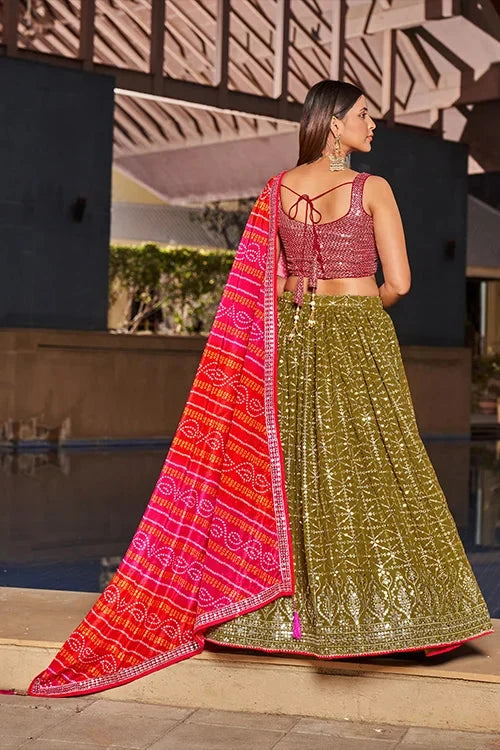 Indian Collection For Bridal Wear Lehenga Choli With Dupatta  Olive-Pink Colour