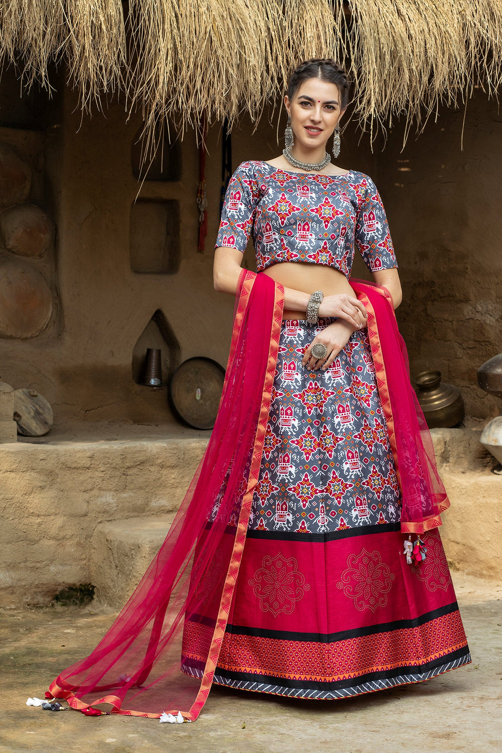 Indian Grey And Magenta Lehenga With Digital Printed And Indian Tradition Design, Choli Has Fancy Work Chaniya Choli For Women