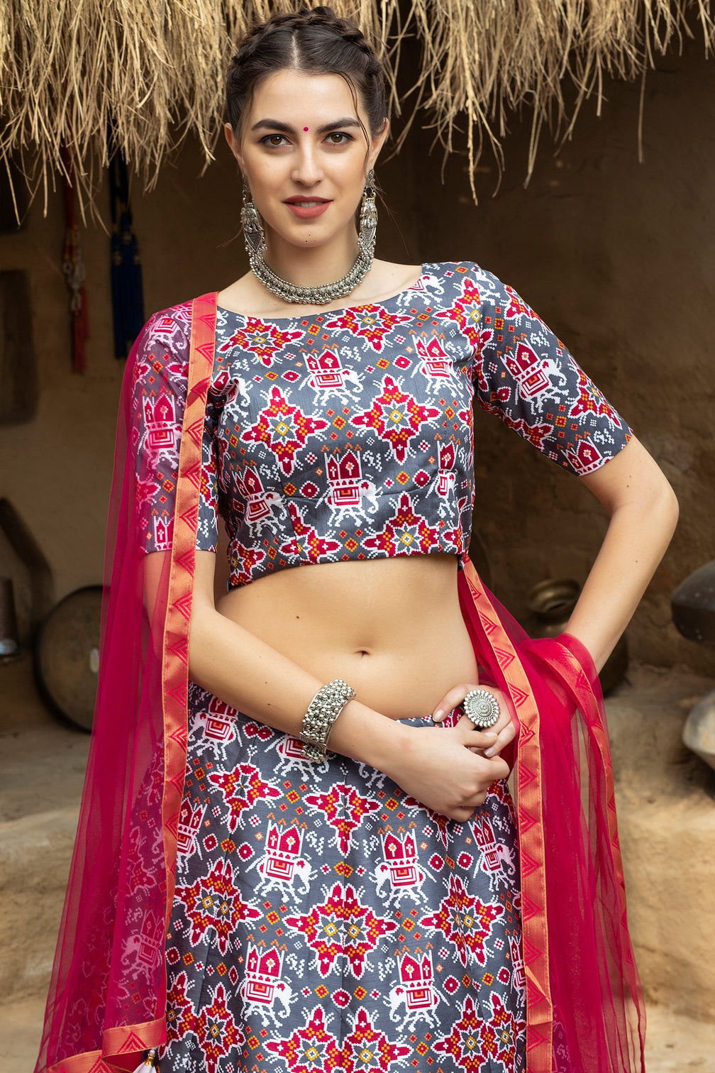 Indian Grey And Magenta Lehenga With Digital Printed And Indian Tradition Design, Choli Has Fancy Work Chaniya Choli For Women