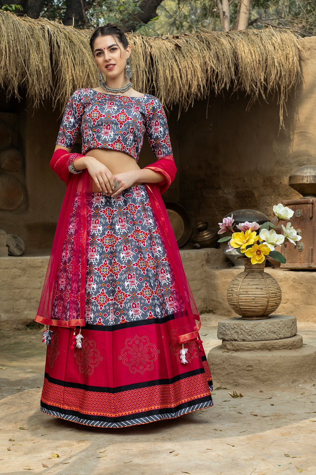 Indian Grey And Magenta Lehenga With Digital Printed And Indian Tradition Design, Choli Has Fancy Work Chaniya Choli For Women