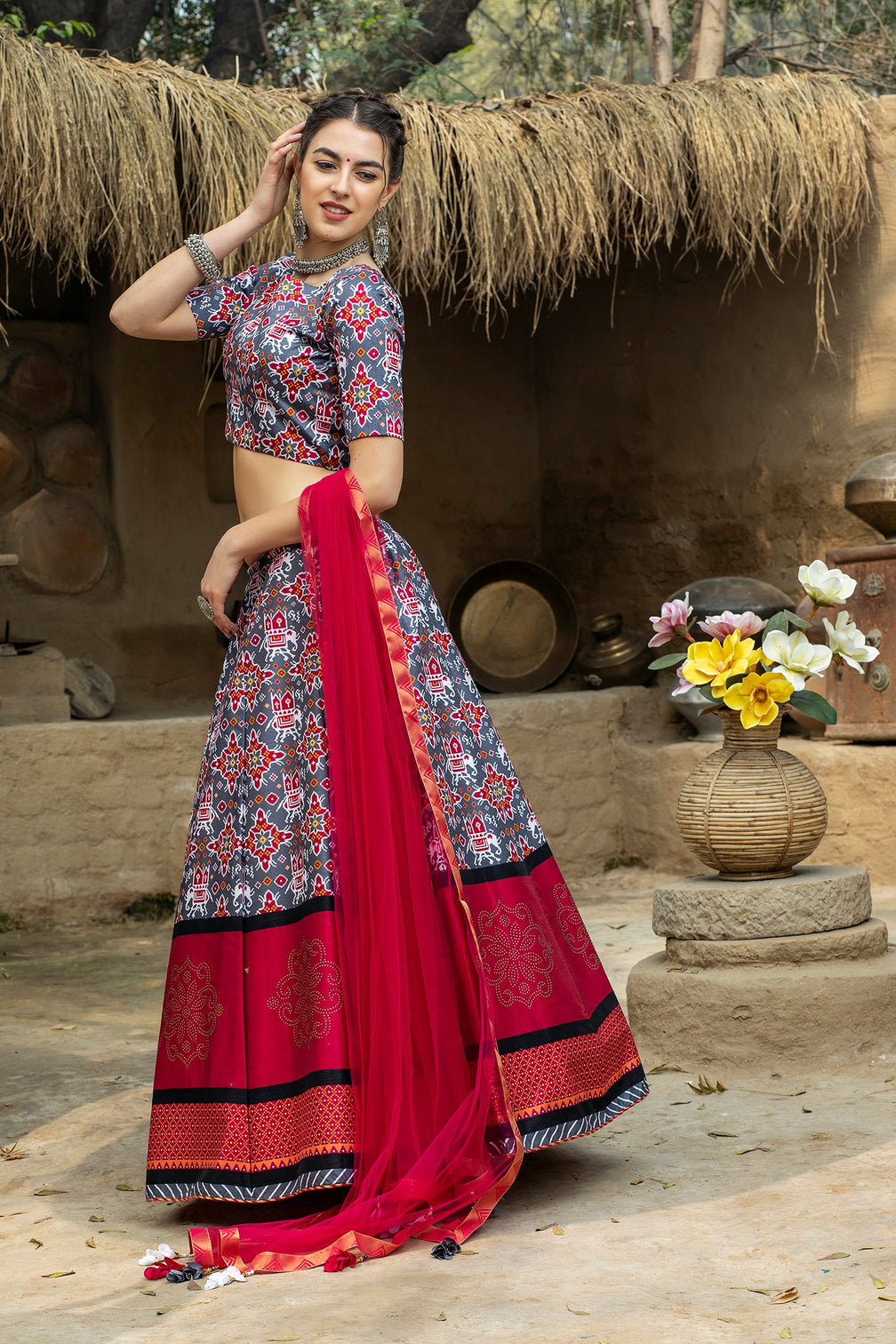 Indian Grey And Magenta Lehenga With Digital Printed And Indian Tradition Design, Choli Has Fancy Work Chaniya Choli For Women