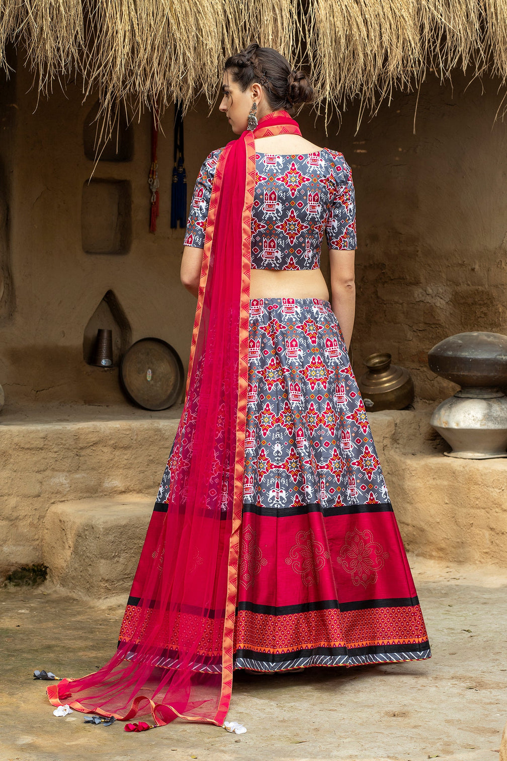 Indian Grey And Magenta Lehenga With Digital Printed And Indian Tradition Design, Choli Has Fancy Work Chaniya Choli For Women