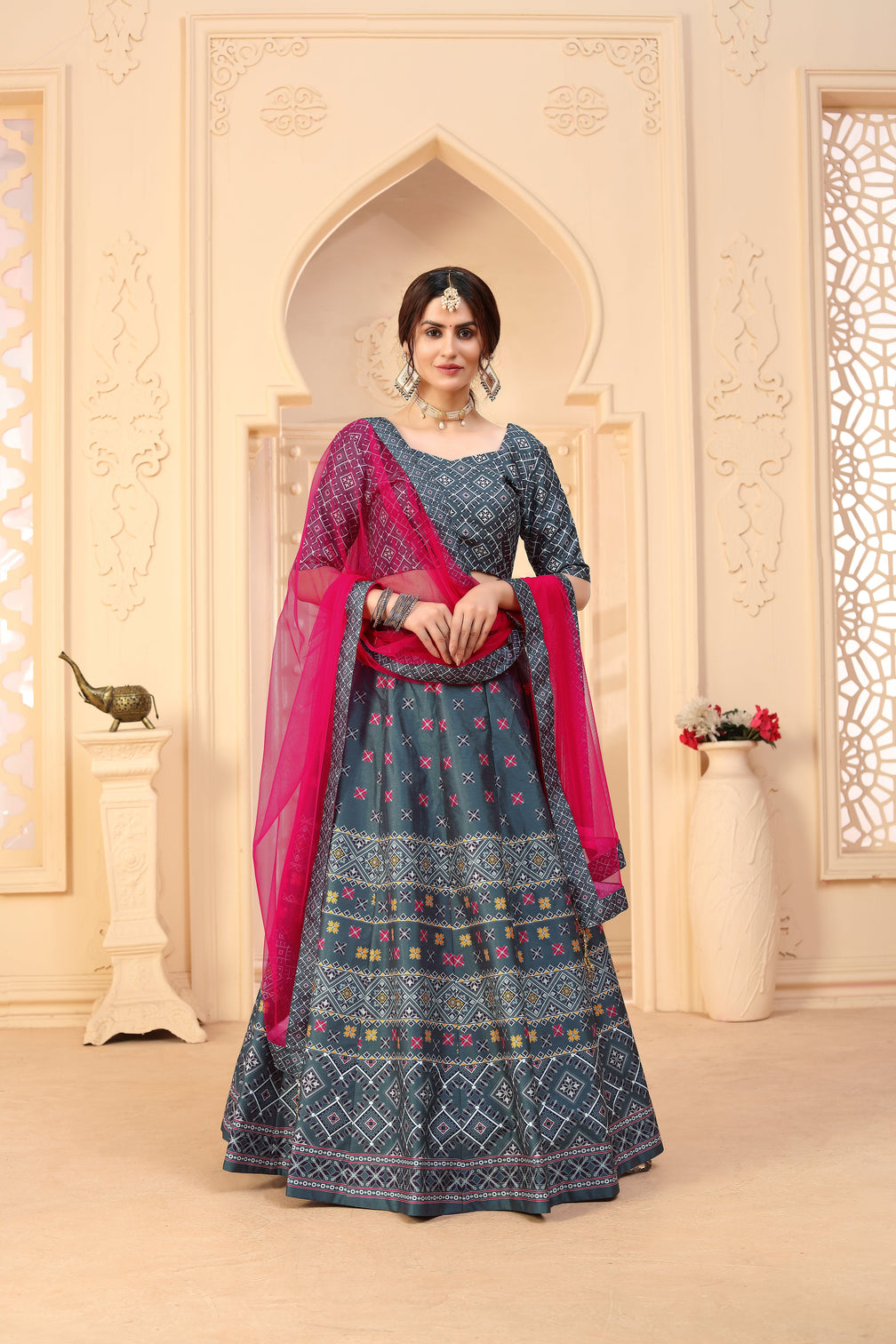 Indian Grey Digital Printed Lehenga Choli With Lace And Border Dupatta, Mehendi, Ceremony Wedding Engagement Cocktail Reception Exclusive