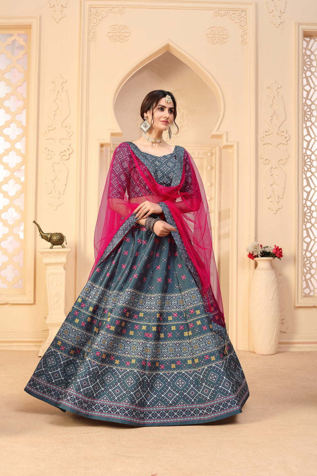 Indian Grey Digital Printed Lehenga Choli With Lace And Border Dupatta, Mehendi, Ceremony Wedding Engagement Cocktail Reception Exclusive