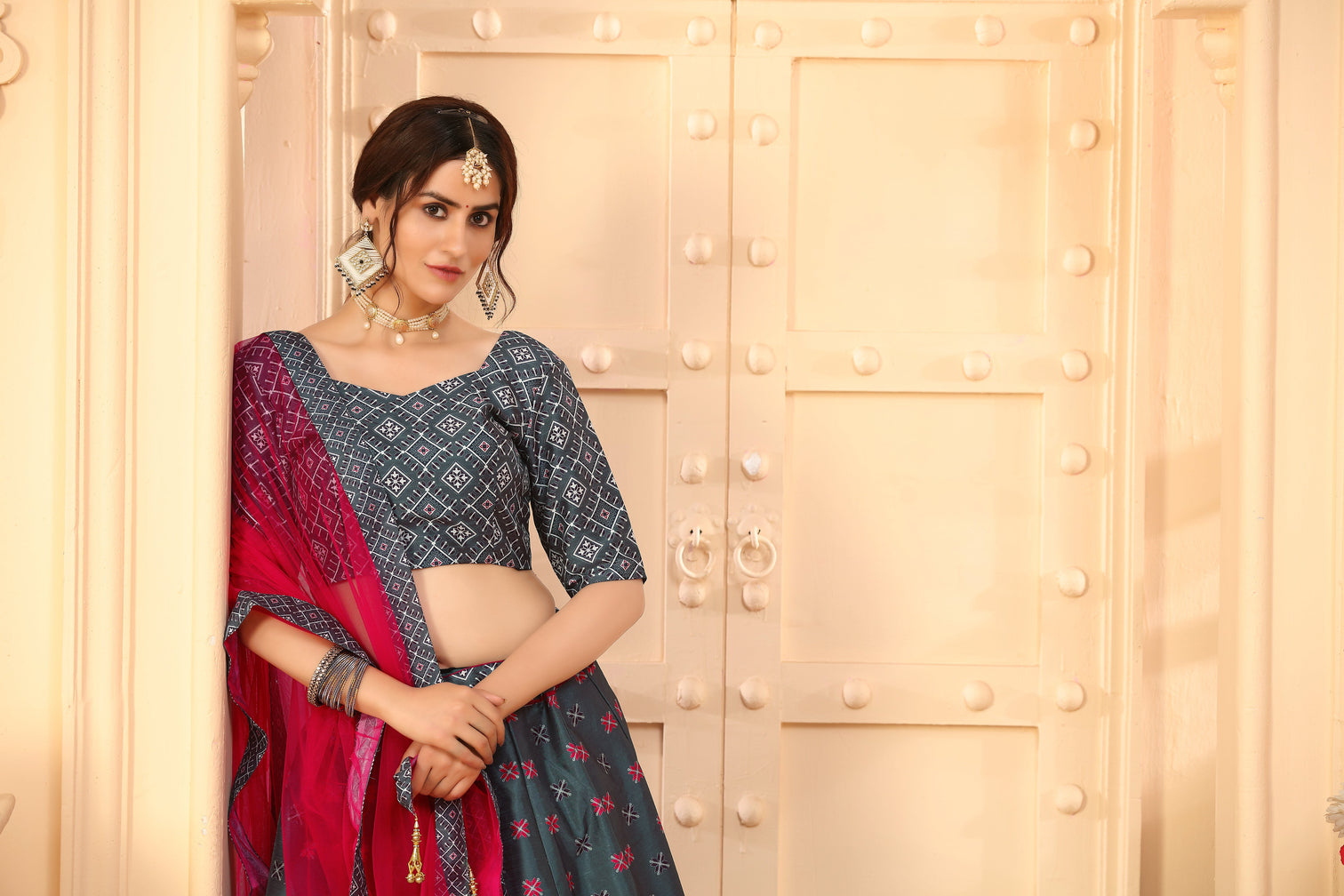 Indian Grey Digital Printed Lehenga Choli With Lace And Border Dupatta, Mehendi, Ceremony Wedding Engagement Cocktail Reception Exclusive