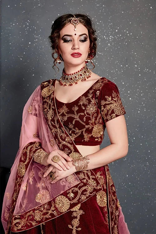 Indian Wear Embroidery Lehenga Choli In Marron Color