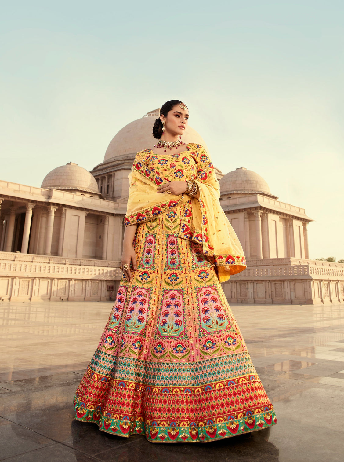 Indian Yellow Art Silk Lehenga With Gorgeous Heavy Embroidery With Print & Swarovski Work For Wedding Engagement, Traditional Functions Wear