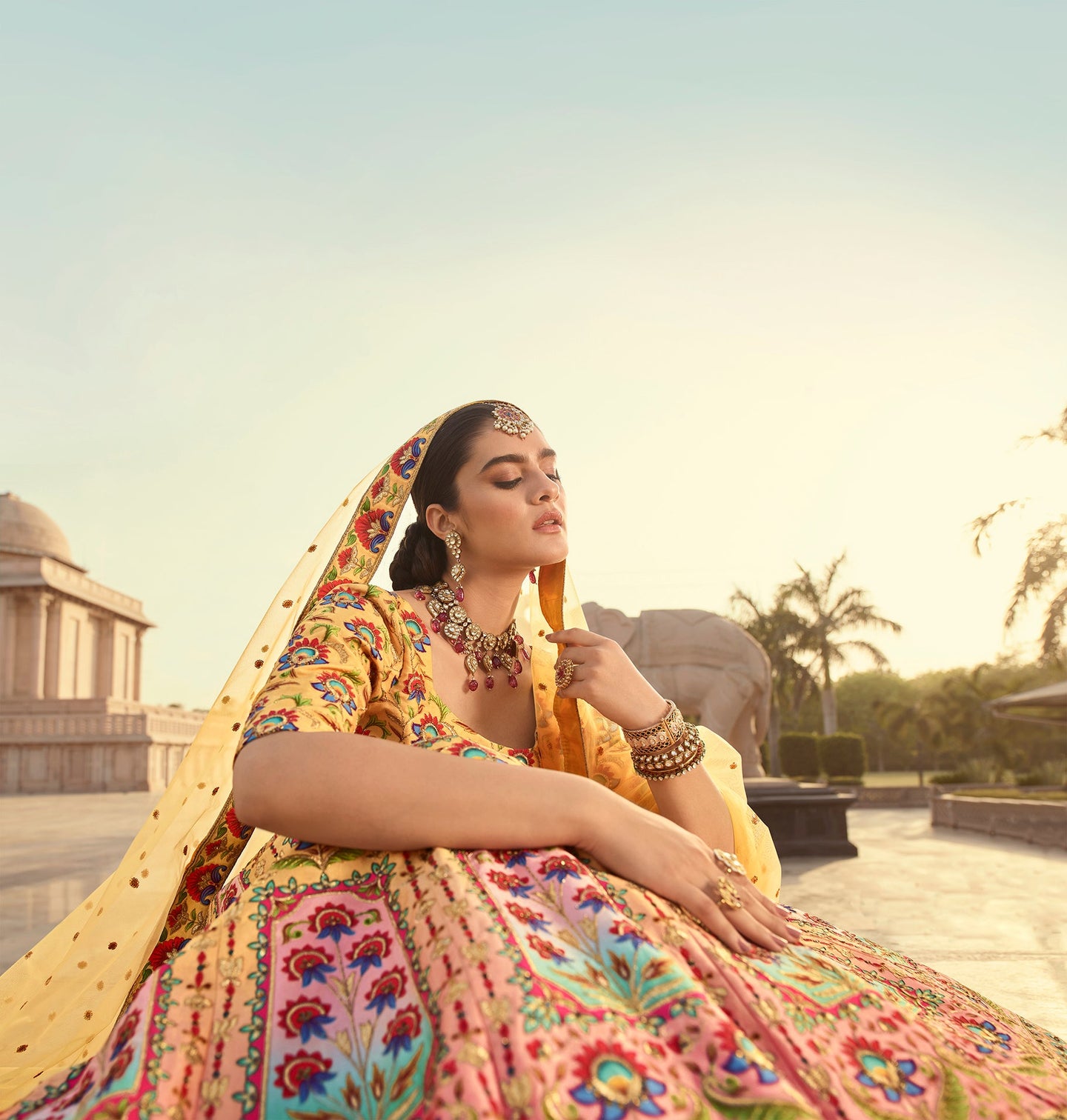Indian Yellow Art Silk Lehenga With Gorgeous Heavy Embroidery With Print & Swarovski Work For Wedding Engagement, Traditional Functions Wear