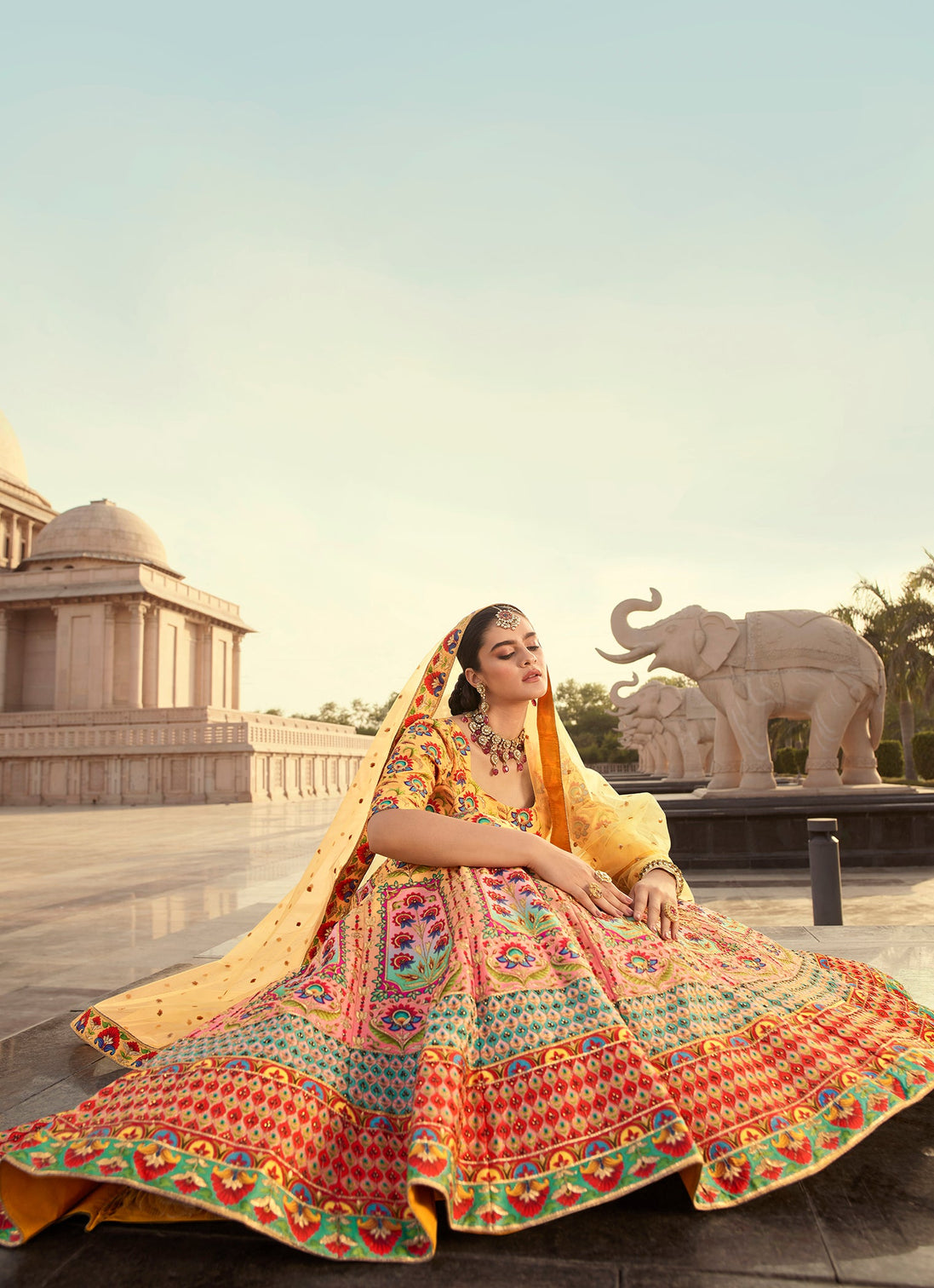 Indian Yellow Art Silk Lehenga With Gorgeous Heavy Embroidery With Print & Swarovski Work For Wedding Engagement, Traditional Functions Wear