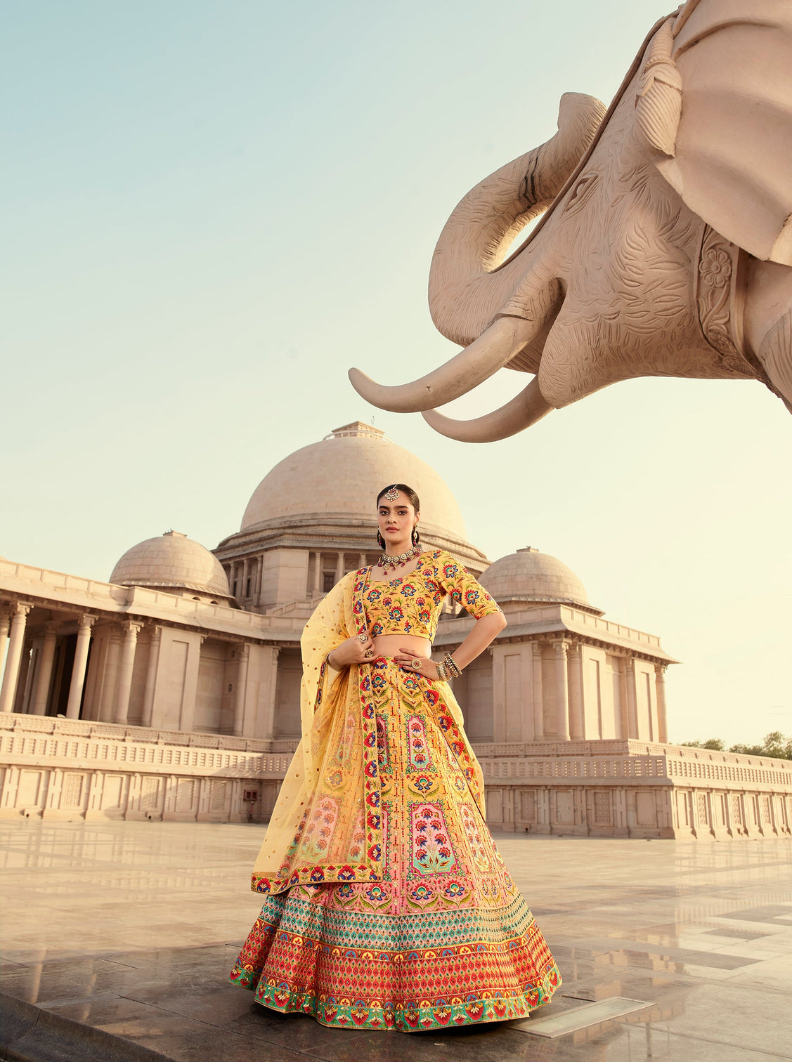 Indian Yellow Art Silk Lehenga With Gorgeous Heavy Embroidery With Print & Swarovski Work For Wedding Engagement, Traditional Functions Wear