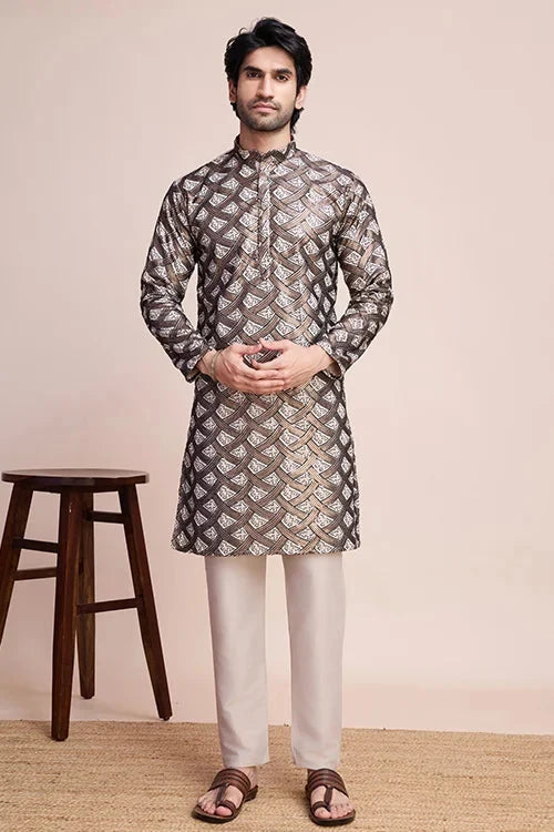 Stylish Beige Men's Kurta with Intricate Thread Detailing