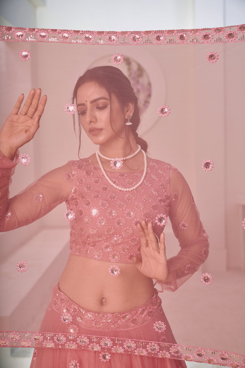 Irresistible Dusty Pink Thread With Sequins Embroidered Net Wedding Lehenga Choli