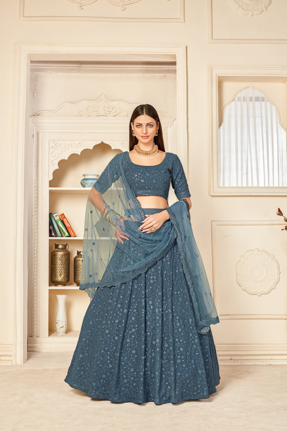 Irresistible Grey Thread And Sequins Embroidered Georgette Semi Stitched Bridal Lehenga