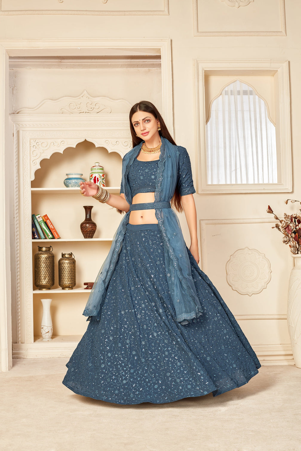 Irresistible Grey Thread And Sequins Embroidered Georgette Semi Stitched Bridal Lehenga
