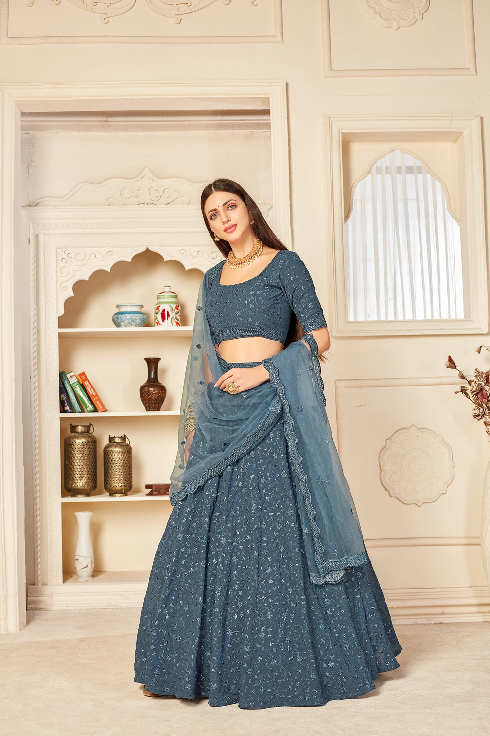 Irresistible Grey Thread And Sequins Embroidered Georgette Semi Stitched Bridal Lehenga