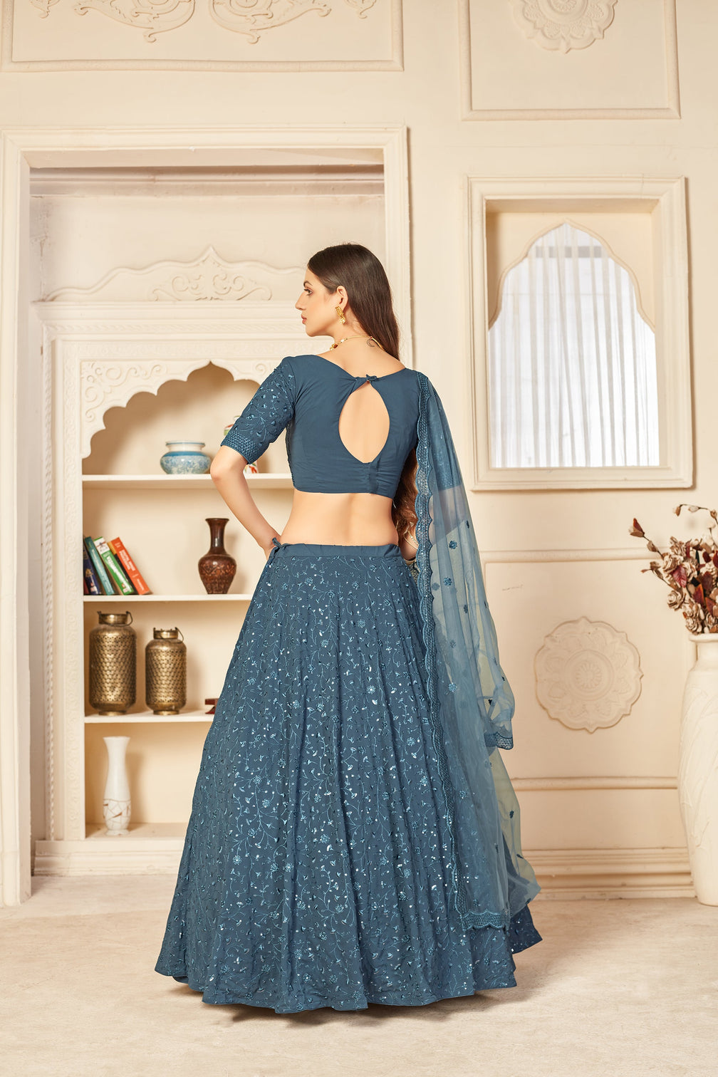 Irresistible Grey Thread And Sequins Embroidered Georgette Semi Stitched Bridal Lehenga