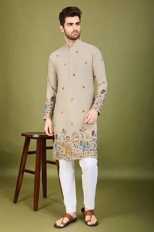 Ivery Color Embroidered Work Cotton Kurta for Men