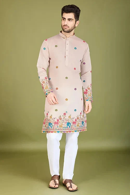 Ivory Viscose Silk Men's Kurta with Thread Work