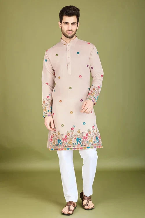 Ivory Viscose Silk Men's Kurta with Thread Work