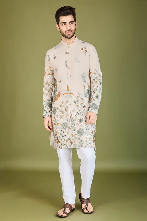 Ivory Viscose Rayon Designer Men's Kurta