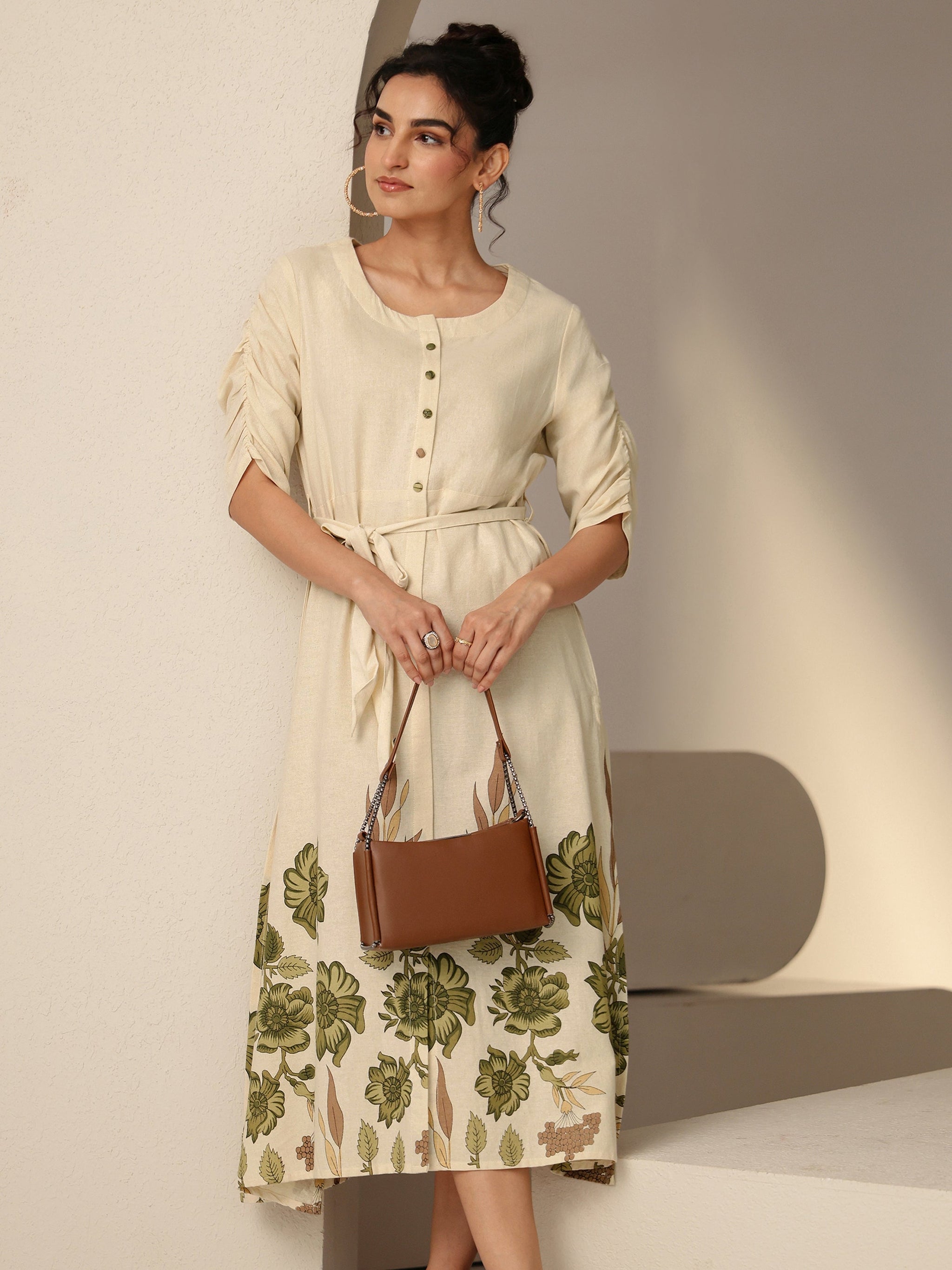 Libas Ivory and  Printed Cotton Blend A-Line Dress