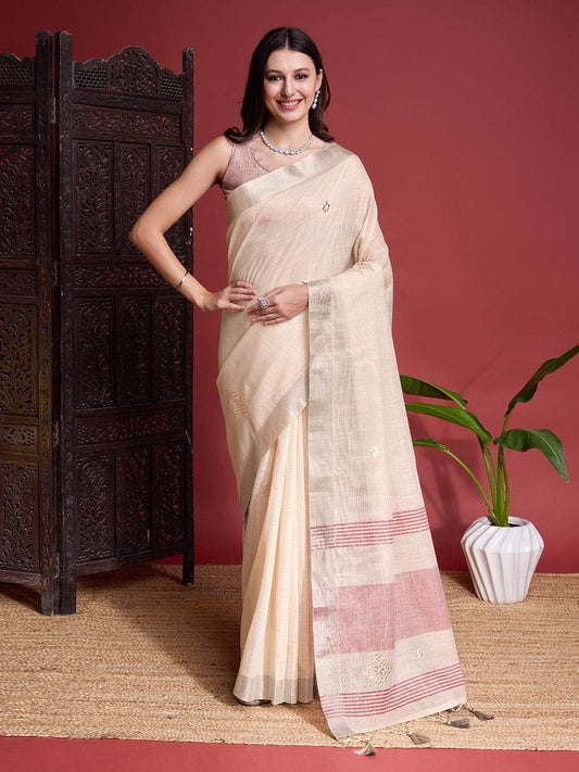 Beige Linen Saree With Blouse Piece