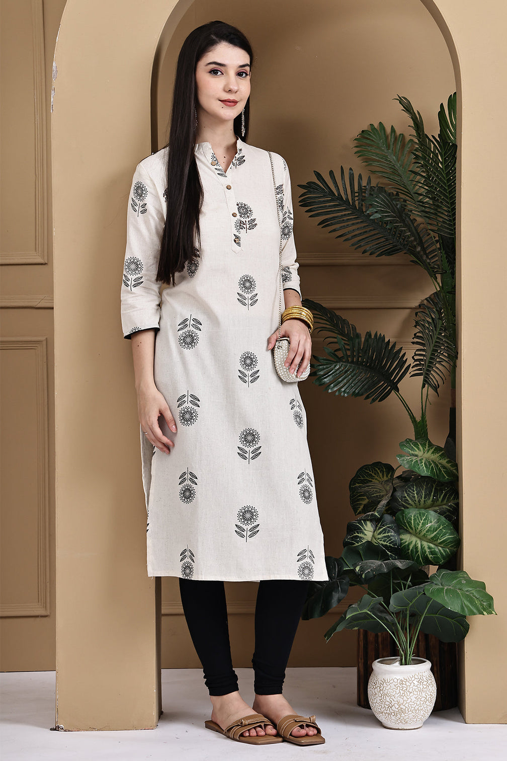 Beige khadi cotton jaipuri printed kurti