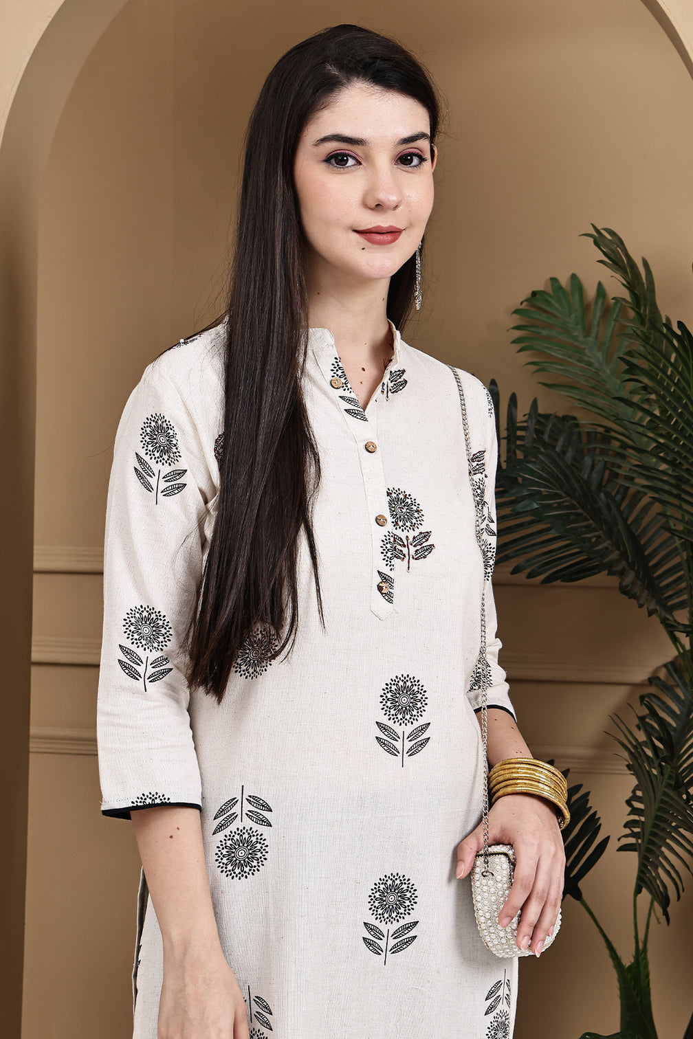 Beige khadi cotton jaipuri printed kurti