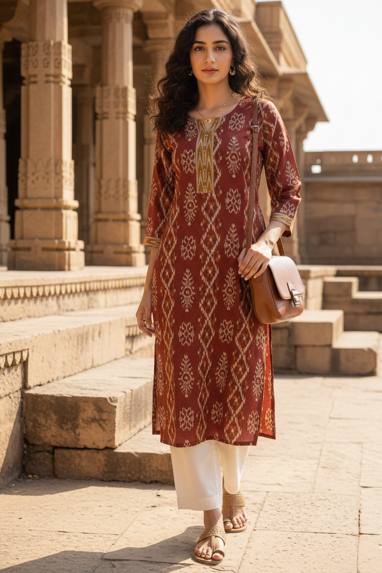 Maroon cotton jaipuri floral printed kurti