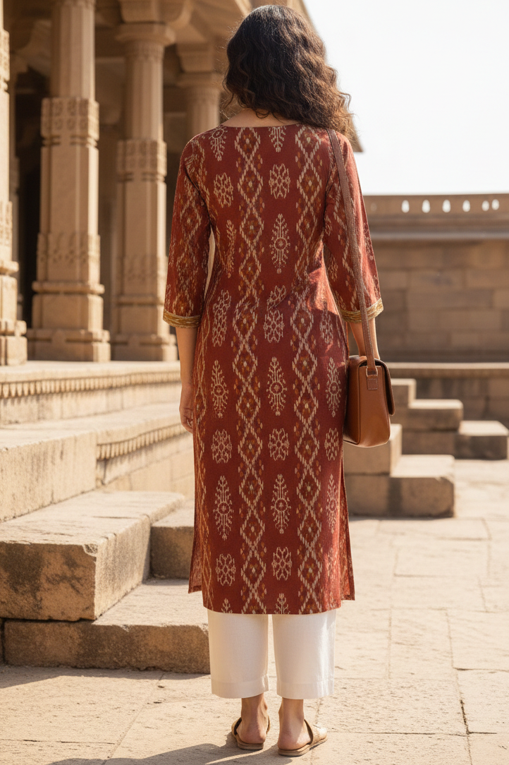 Maroon cotton jaipuri floral printed kurti