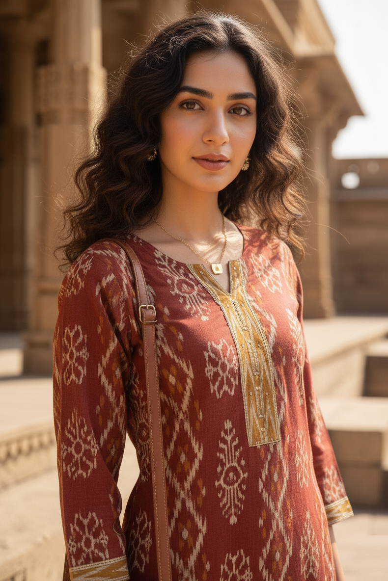 Maroon cotton jaipuri floral printed kurti