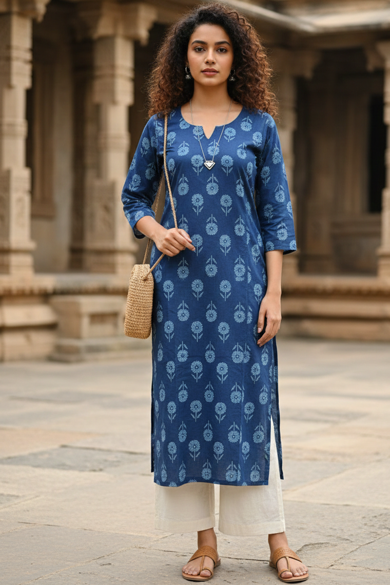 Blue cotton jaipuri floral printed kurti