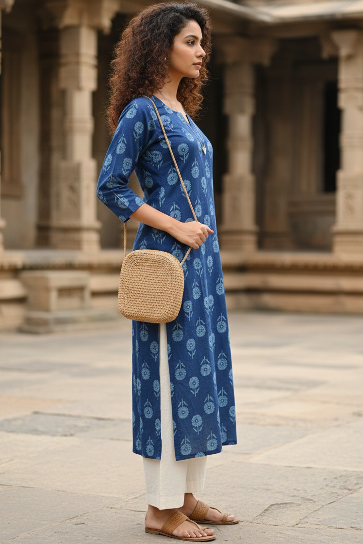 Blue cotton jaipuri floral printed kurti