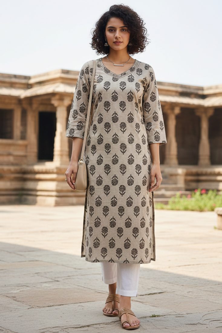 Beige cotton jaipuri floral printed kurti