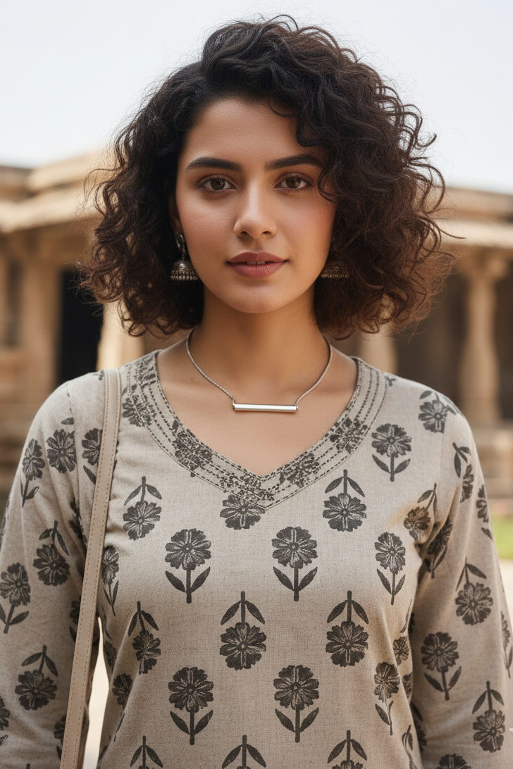Beige cotton jaipuri floral printed kurti