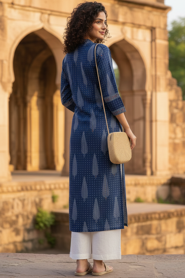 Blue cotton jaipuri floral printed kurti
