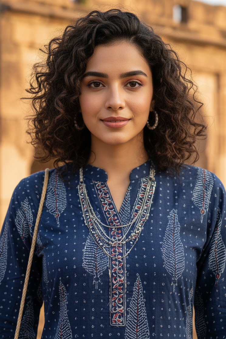 Blue cotton jaipuri floral printed kurti