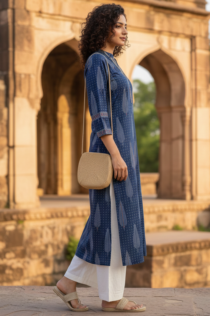 Blue cotton jaipuri floral printed kurti